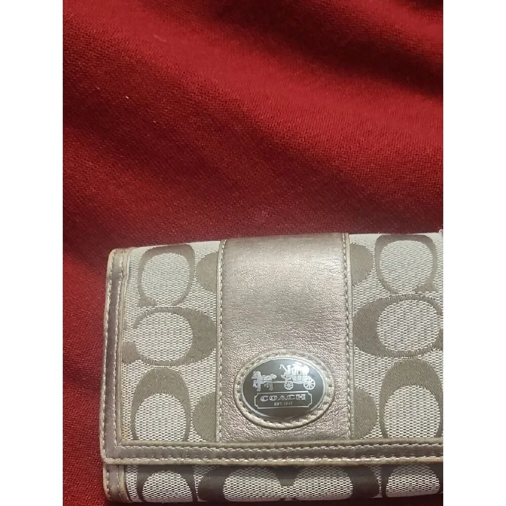Coach Signature Tri-Fold Wallet in Metallic Taupe and Ivory